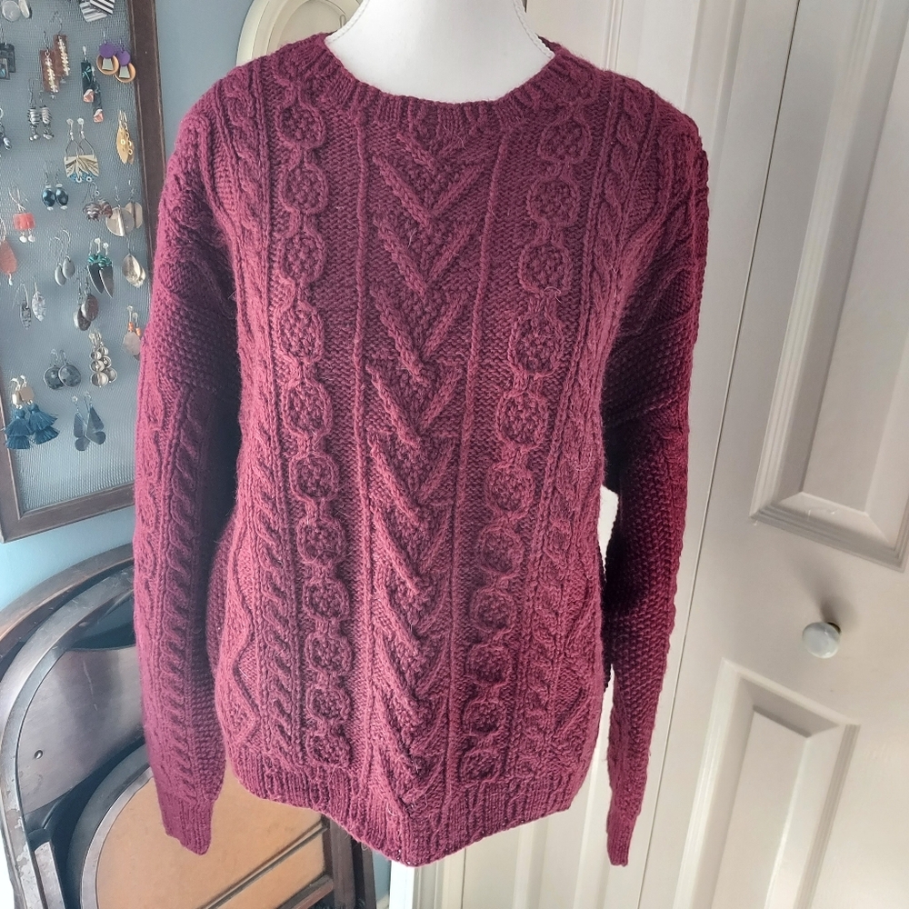 Vintage Talbots Handknit Burgundy Cabled Wool Sweater